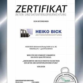 Zertifikat Heiko Bick als EFB Entsorgungsfachbetrieb
