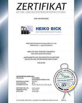 Zertifikat Heiko Bick als EFB Entsorgungsfachbetrieb